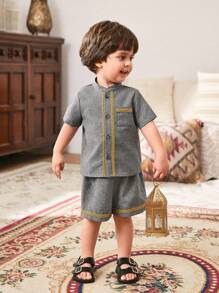 Cozy Pixies 2pcs/Set Baby Boys Contrast Color Banded Collar Short Sleeve Cardigan And Elastic Waist Shorts Set, Suitable For Summer