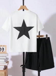 SHEIN 2pcs Tween Boy Casual Printed Short Sleeve T-Shirt And Cargo Shorts Set - Apricot - View 1