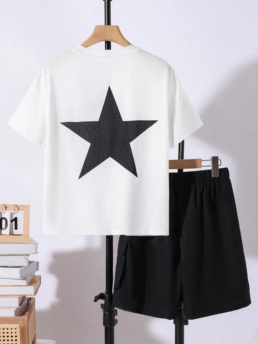 SHEIN 2pcs Tween Boy Casual Printed Short Sleeve T-Shirt And Cargo Shorts Set - Apricot - View 1