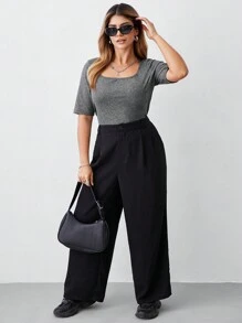 SHEIN BASICS 3pcs Casual Smart Casual Solid Color Crew Neck Short Sleeve Fitted Plus Size T-Shirt Summer Everyday Black Summer Tops - Multicolor - View 4