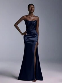 Elitara Elegant Sexy Navy Lace Top Chest See-Through Decoration Boned Breast Cup Fishtail Dress Shrink Pleated High Slit Stretch Bright Satin Heavy Industry Evening Dress Formal Prom Wedding Guest Gown, For Graduation, Dinner Party Dress - Navy Blue - View 6