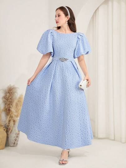 SHEIN 优雅复古无袖纹理缎面喇叭裙连衣裙，适合正式场合、派对、婚礼 - 适合少女，春夏季