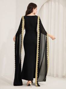 SHEIN 少女黑色方领斗篷袖美人鱼礼服，传统、奢华、优雅、复古 - 黑色 - 查看 2