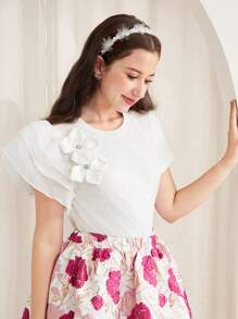 SHEIN Teen Girls' Spring/Summer White Knit Crew Neck Short Sleeve Layered Organza Ruffle Sleeve Floral Decor Elegant Blouse, Suitable For Holiday, Wedding - White - View 1