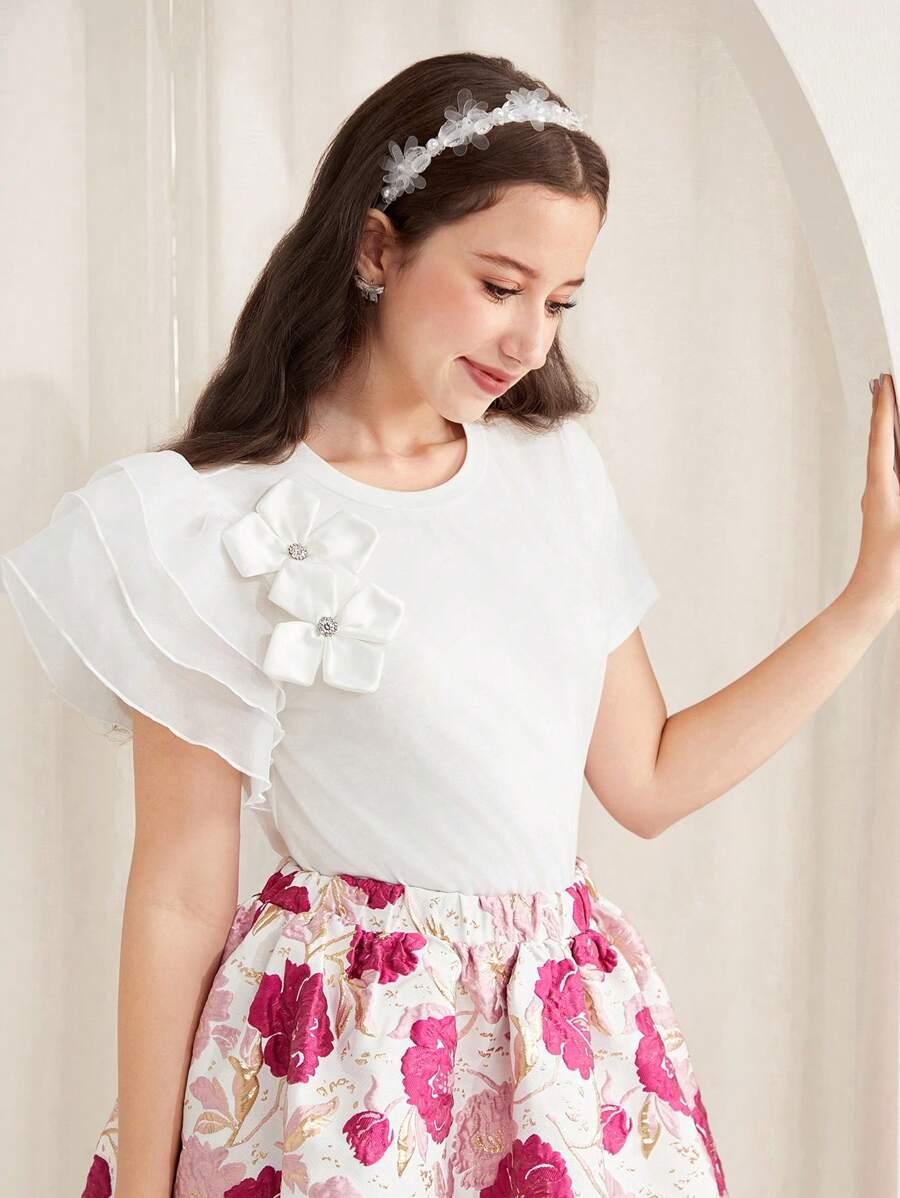 SHEIN Teen Girls' Spring/Summer White Knit Crew Neck Short Sleeve Layered Organza Ruffle Sleeve Floral Decor Elegant Blouse, Suitable For Holiday, Wedding - White - View 1