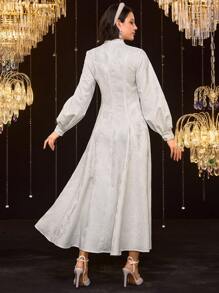 Modelyn 女士花卉提花立领灯笼袖优雅阿拉伯风格连衣裙，端庄 - 白色 - 查看 3