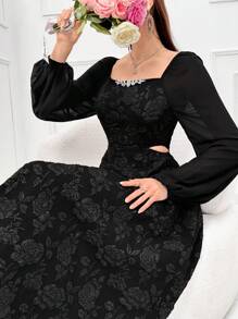 Modelyn Vestido largo elegante de manga larga con parches de malla y decoración de cristales para mujeres - Negro - Ver 6