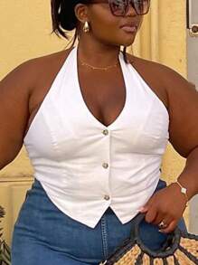 Plus Size Women's Solid Color Single-Breasted Casual Halter Neck Tank Top - White - View 4