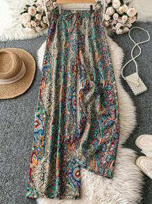 SHEIN LUNE Plus Size Women's Colorful Printed Woven Wide Leg Pants, Suitable For Spring/Summer Vacation, St. Patrick's Day, Rave, Festival, Spring Break, Boho - Multicolor - View 1