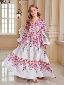 SHEIN Leap Crew Tween 女童花卉印花交叉 V 领长袖收腰连衣裙，优雅长裙，白色连衣裙，玫瑰花朵印花，波西米亚风，休闲，度假，旅行 - 彩色 - 查看 1
