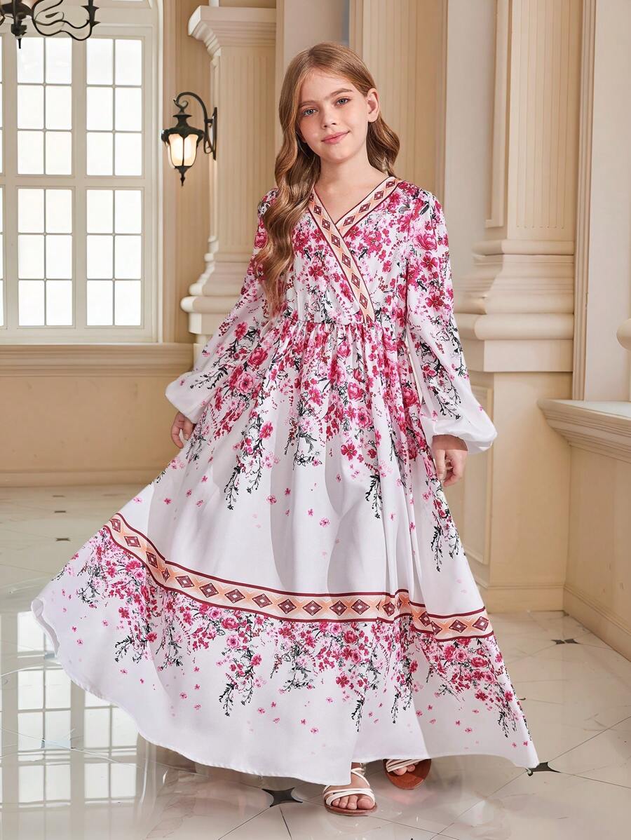 SHEIN Leap Crew Tween 女童花卉印花交叉 V 领长袖收腰连衣裙，优雅长裙，白色连衣裙，玫瑰花朵印花，波西米亚风，休闲，度假，旅行 - 彩色 - 查看 1