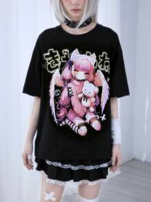 ROMWE Anime Camiseta extragrande de mujer con estampado de calavera mutante y letras, estilo callejero y punk