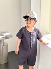 SHEIN Little Byeori Bộ đồ liền thân vải lanh màu xanh nước biển họa tiết dễ thương cho bé trai, thích hợp cho đi chơi, du lịch, đi học, mùa xuân/hè - Màu xanh lam - Xem 5