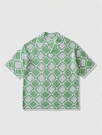 Street Life Men's Floral Pattern Hollow Short Sleeve Knitted Polo Shirt, For Holiday