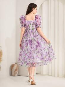 SHEIN 紫色花卉印花欧根纱荷叶边 A 字裙，春夏花卉图案泡泡袖正式婚礼派对开斋节连衣裙，适合少女 - 紫色 - 查看 2