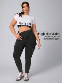 SHEIN Essnce 大码女式高腰紧身牛仔裤，带口袋 - 黑色 - 查看 8