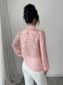 Elenzga Women Elegant Commuter & Vacation Floral Jacquard Loose Chiffon Blouse, Long Sleeve Round Neck, Solid Color (Random Printed) Fall Cloth For Women