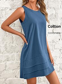 EMERY ROSE Women Solid Color Round Neck Casual Tank Dress, Summer Dresses For Vacation