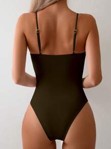 Swim Chiccia 1pc Solid Color Hollow Metal Decor One-Piece Swimsuit, For Summer Beach Vacation