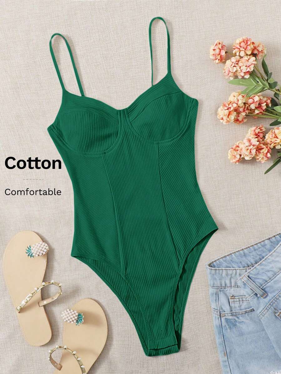 SHEIN EZwear Solid Bustier Rib-knit Bodysuit - Dark Green - View 1