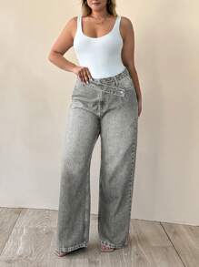Jean à jambe large taille haute asymétrique avec ceinture 100% coton