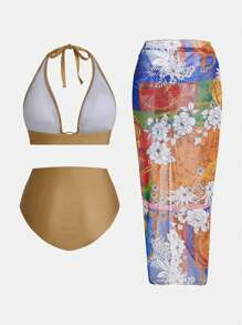 Swim Oasis Women's Gold Triangle Ring High Waist Floral Chain Beach Cover-Up Swimwear Cover Up Set, Suitable For Holiday, Beach, Party Summer - Multicolor - View 2