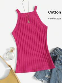 SHEIN EZwear Rib-knit Cami Top - Hot Pink - View 6
