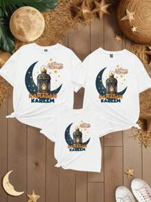 Ramadan Kids Boys Casual Fashion Creative Holiday Classic Lantern Design Moon Element Print Casual Short Sleeve T-Shirt, Family Matching Outfits (3 Pieces Are Sold Separately) - White - View 3