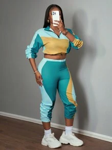 Slaydiva Conjunto informal de 2 piezas para mujer con chaqueta corta de cuello alto con cremallera y pantalón ancho de chándal con efecto color block