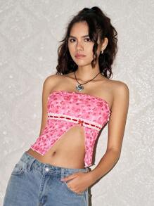 SHEIN EZwear Women's Heart Pattern Pink Bandeau Top Valentine's Day Ribbon - Pink - View 4