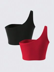 SHEIN BASICS 2 piezas Top corto ajustado de un solo hombro de punto de unicolor informal para mujer
