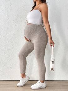 SHEIN Maternity Fleece Ribbed High Waist Leggings - Apricot - View 4