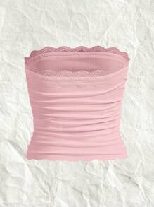 SHEIN EZwear Valentine's Day,Plus Lace Trim Ruched Side Crop Tube Top - Pink - View 2