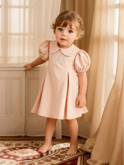 SHEIN 女婴可爱甜美蝴蝶印花领泡泡短袖连衣裙，日常春秋装