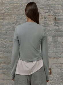 MUSERA Crew Neck Long Sleeve Popper Down Fastening Fitted TopVacation Spring Summer - Green - View 3