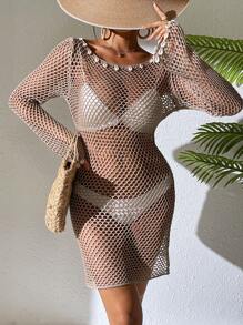 Swim Vcay 女士夏季服装 Springbreak 女士镂空透视贝壳装饰长袖喇叭袖口船领针织沙滩罩衫连衣裙 - 卡其色 - 查看 6