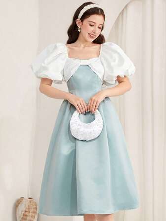 SHEIN 少女蓝白拼色泡泡袖蝴蝶结前缎面正式派对婚纱，春夏