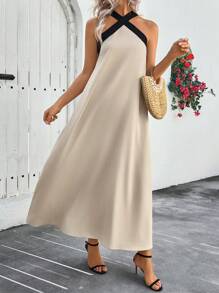 Breezaya Women Casual Loose Fit Colorblock Halter Neck Dress - Apricot - View 5