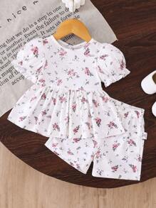 2 Stück/Set Baby Mädchen 0-3 Jahre Kleinkind Lässig vielseitig bequem Ditsy Blumen & gerippter gestrickter Volantärmel Top und Shorts Set