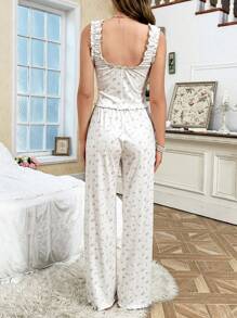CottageSlumber 2pcs/Set Romantic Ditsy Floral Ruffle V-Neck Backless Cami And Long Pants Pajama Set - White - View 5