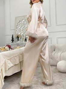 Fluffy Trim Luxurious Satin Look Long Sleeve & Long Pants Pajama Set, Plus Size - Champagne - View 2