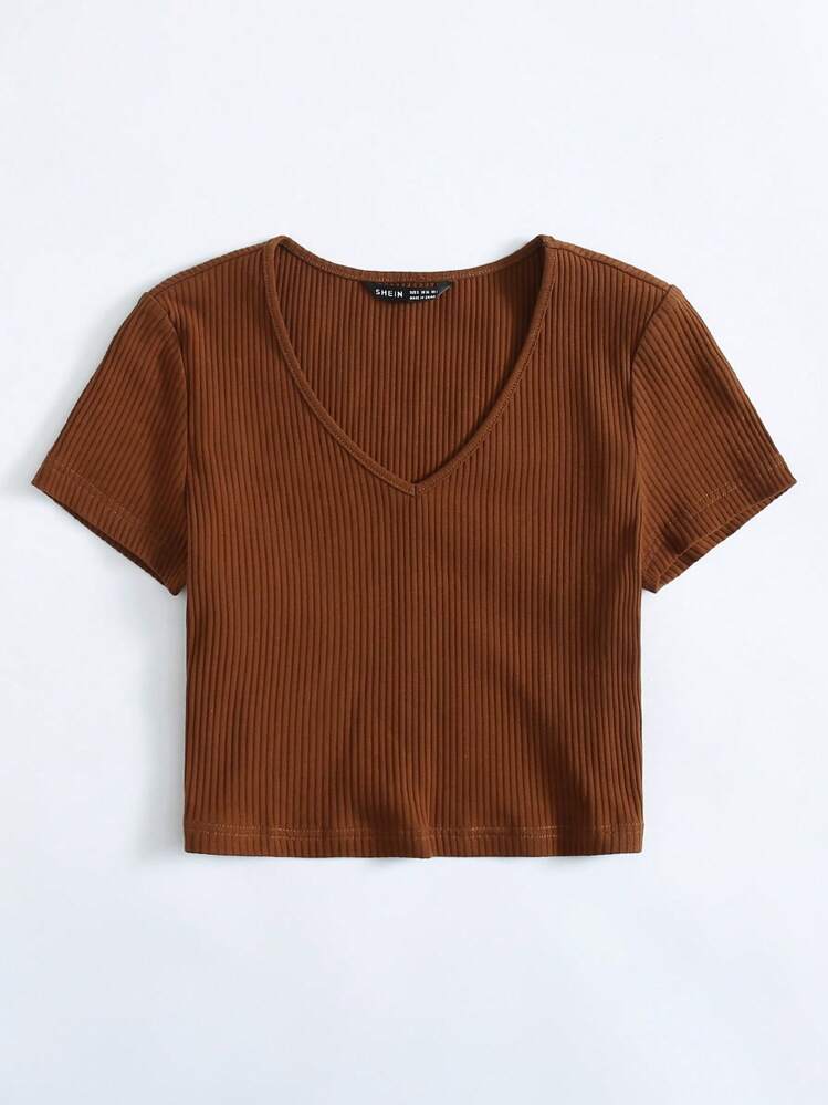 SHEIN EZwear Women's Casual V-Neck Short Sleeve Plain T-Shirt, Summer - Coffee Brown - View 3