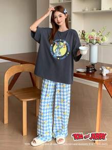 TOM AND JERRY X DAZY 2 件套卡通印花宽松短袖上衣和全印花短裤女士睡衣睡衣套装 - 深灰色 - 查看 9