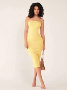 SHEIN BASICS 女士露肩修身紧身休闲晚宴连衣裙 - 黃色 - 查看 3