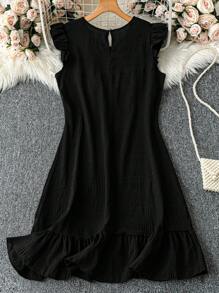 SHEIN LUNE 大码女式休闲 A 字形纹理面料盖袖圆领连衣裙 - 黑色 - 查看 2