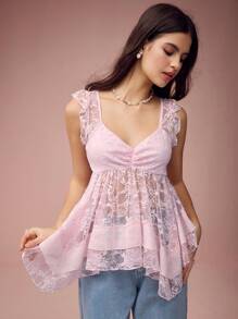 Enchnt Débardeur élégant avec encolure en cœur et dentelle contrastée pour femmes