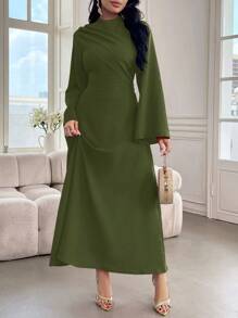 Modelyn 女士纯色立领喇叭袖口褶皱优雅连衣裙 - 軍綠色 - 查看 8