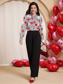 SHEIN Unity Women's Casual Heart Printed Tie Neck Blouse Fall Cloth For Women - White - View 4