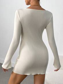 INAWLY Women Elegant Textured Hollow Out Flared Long Sleeve Dress Fall Cloth For Women - Apricot - View 3