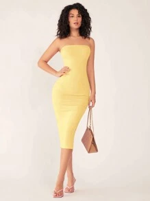 SHEIN BASICS 女士露肩修身紧身休闲晚宴连衣裙 - 黃色 - 查看 4